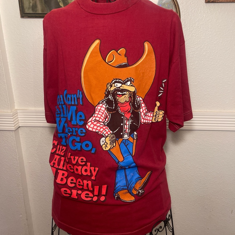 Vintage Cartoon Cowboy Graphic Tee - Red with Orange & Blue Art